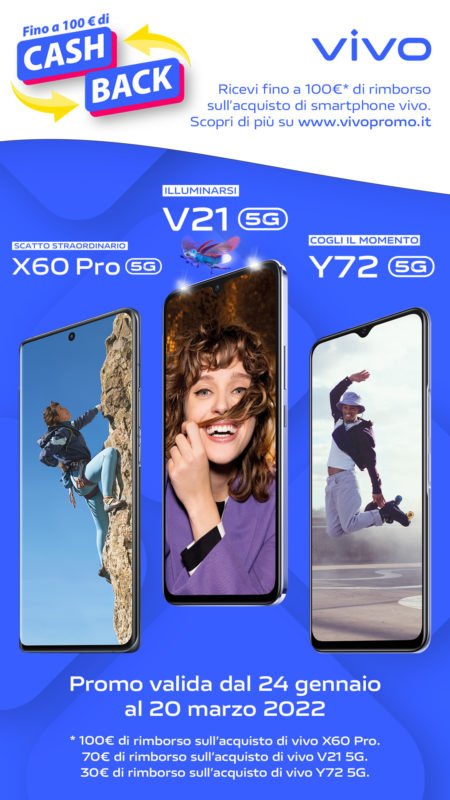 vivo Cashback: fino a 100€ di rimborso sull’acquisto di uno smartphone vivo 2 vivo Cashback